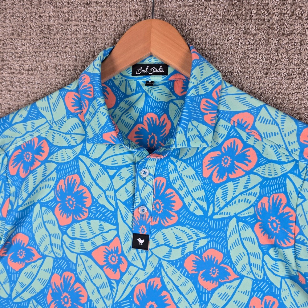 Bad Birdie Mens Troon North Golf Polo Shirt Blue Floral Short Sleeve Size Medium